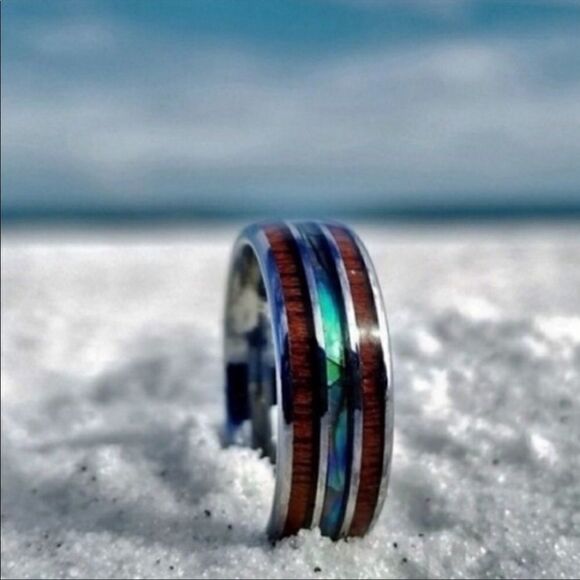 - New Unisex Tungsten Hawaiian Koa Wood Abalone Ring - Picture 4 of 7